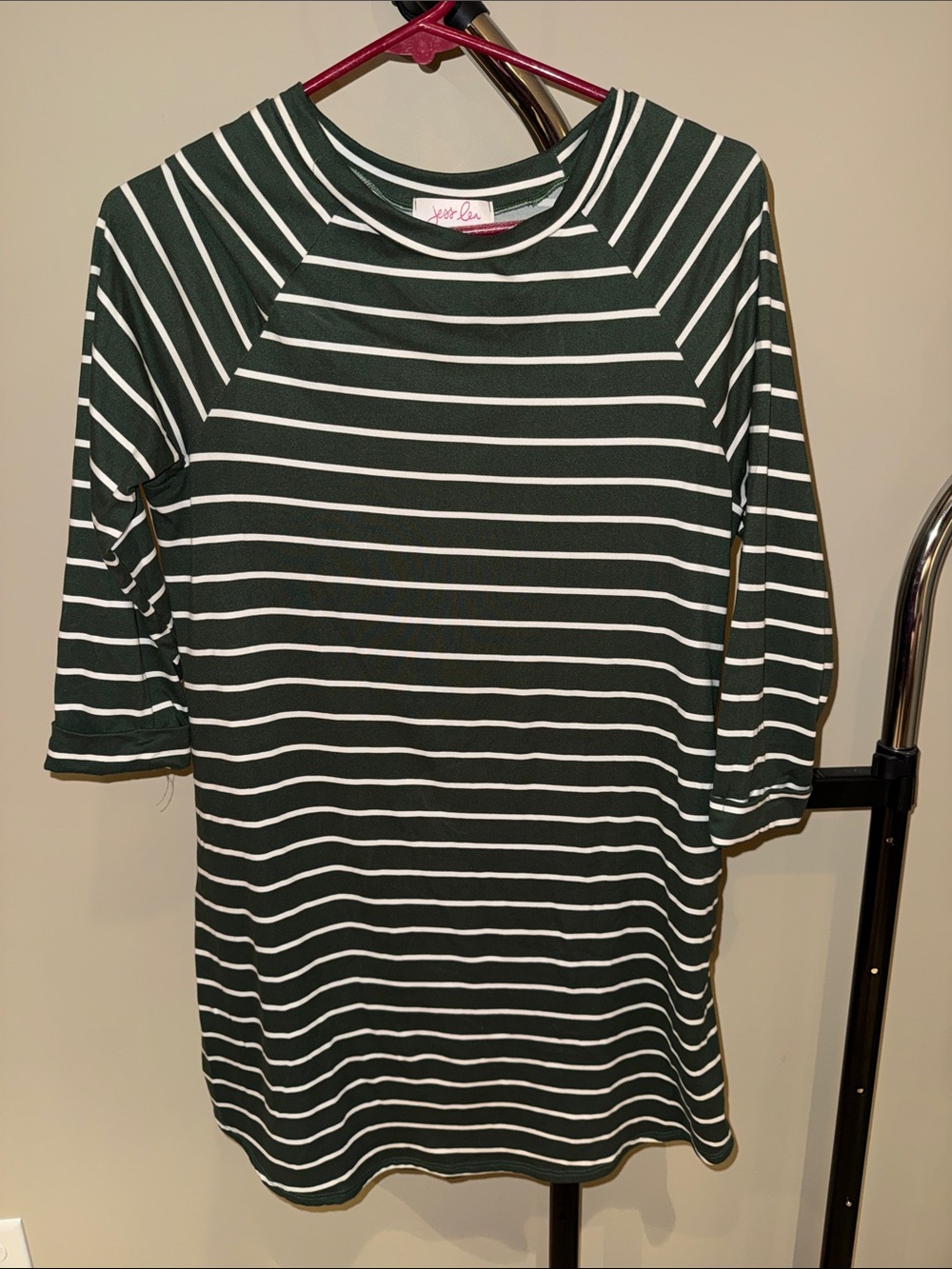Women's Dark Green and White Striped 3/4-Sleeve Dress